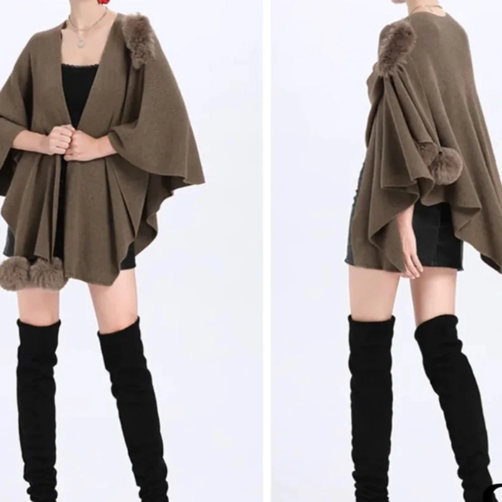 Knit Faux Fur Keyhole  Pom Pom Edge Scarf Wrap Shawl dh.